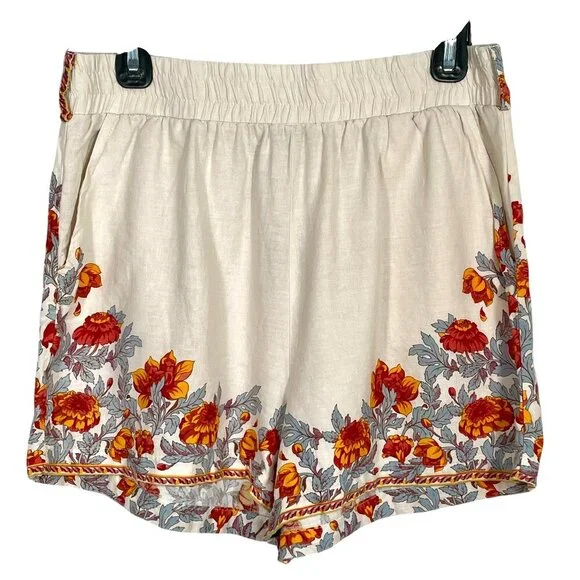 Rachel Zoe Linen Blend Ivory Floral Elastic Waist Shorts Women’s M - Picture 2 of 11